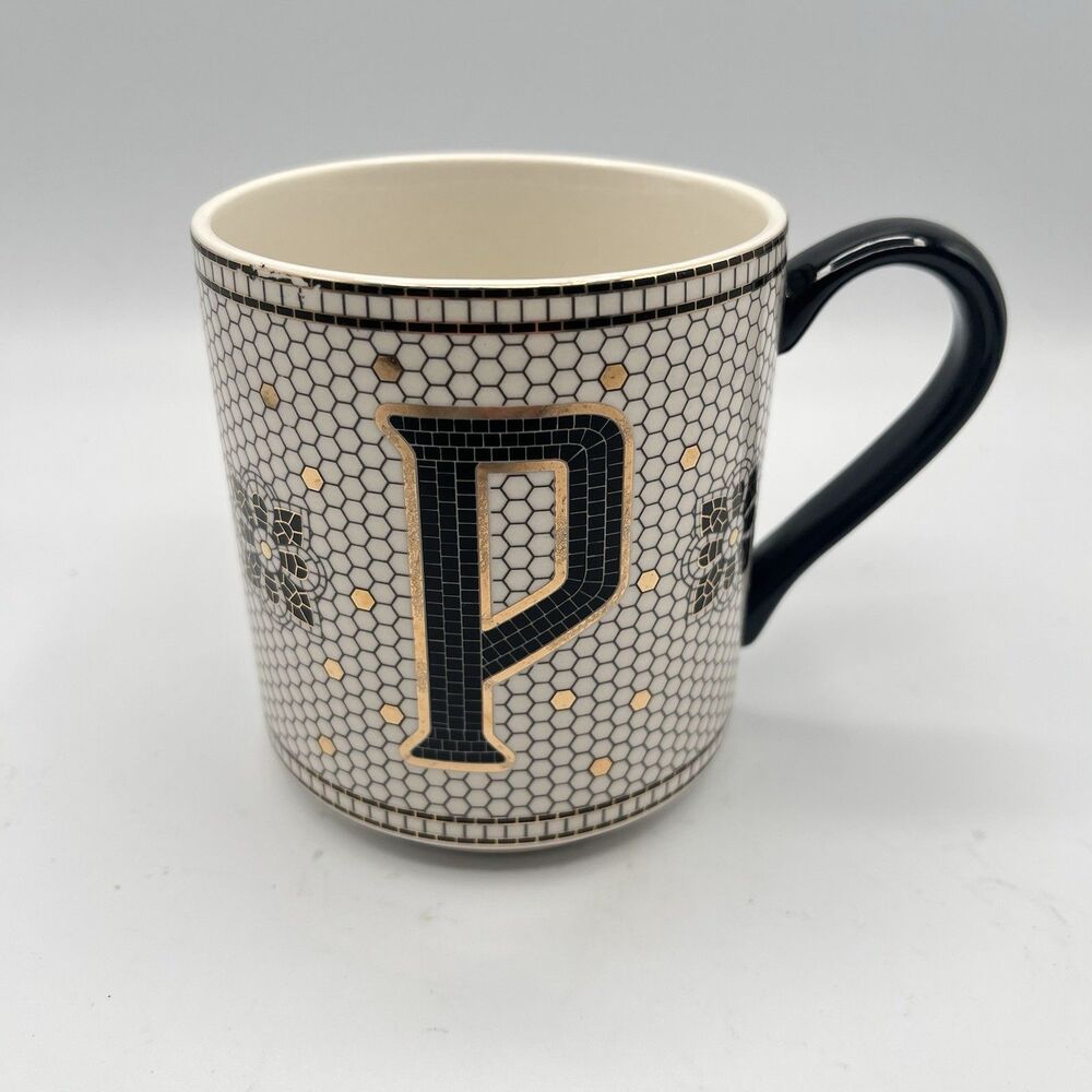 Anthropologie Margot Gold & Black Honeycomb Mosaic Monogram P Initial Coffee Mug